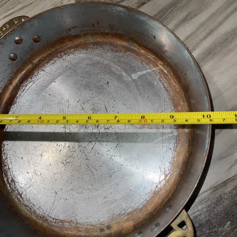 Vtg Copper Fry Skillet Pan Brass Handles 10 Inch Patina Farmhouse Decoration